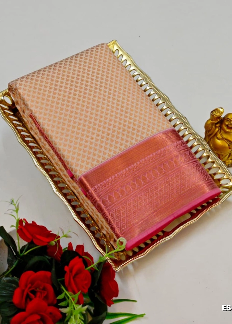 Bridal silk gold silvar and copper zari weave and wedding art silk sarees - peach colour